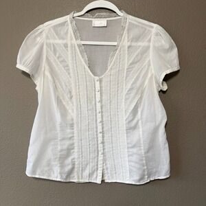 LOFT Petites White Lace Trim Pintuck Cottagecore Boho Summer Blouse M/L